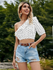 Top Chemisier Taille Haute Femme Imprimé Pois avec Manche Courte avec Epaule Dénudée avec Volantes Bicolores Top Sexy
