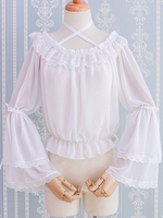 Top doux Lolita Blouse à volants en dentelle plissée Top Lolita blanc Déguisements Halloween