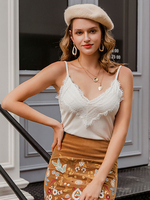 Top Femmes Courtes en Soie Synthétique à Col Décolleté en V sans Manches Cousu avec Dentelles Unicolores Sexy