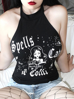 Top gothique pour femme avec passepoil noir Gothique polyester sans manches Halter Tops