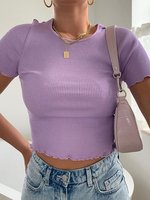 Top Haut Sexy en Maille Femme avec Manches Courtes à Col Rond Unicolore Haut Sexy