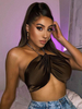 Top Haut Sexy en Satin avec Bretelle en Métal avec Epaule Dénudée Unicolore Top Taille Haute