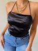 Top Haut Sexy en Satin avec Bretelles à Col Carré avec Epaule Dénudée Unicolore Taille Haute Sexy