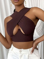 Top Haut Sexy Gilet Femme avec Bretelles à Col V avec Epaule Dénudée Coupe Cintrée Ouvert Sur Devant Unicolore