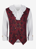 Top Noir Vintage Col À Volants Imprimé Manches Longues Costumes Rétro Homme