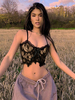Top Sexy Haut Femme en Dentelle avec Bretelles à Col Décolleté en V à Lacets Imprimé Bicolores