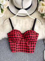 Top Sexy Haut Sexy Femme Eté Imprimé Carreaux Taille Haute avec Bretelles à Col Décolleté en V avec Dos Nu Bicolores
