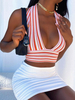 Top Sexy Haut Sexy Femme Eté Imprimé Rayures Taille Haute avec Bretelles à Col Décolleté en V à Lacets avec Noeud avec Dos Nu