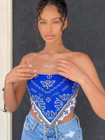 Top Sexy Haut Sexy Femme Eté Imprimé Taille Haute sans Bretelles à Col Décolleté avec Dos Nu Bicolores