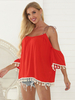 Top T-shirt avec Frange avec Bretelles à Col Décolleté avec Manches Courtes Volantes Bas Evasée T-shirt Sexy Femme