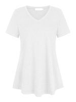Top T-shirt Femme Court Eté à Col V avec Manches Courtes Coupe Cintrée Bas Evasée Unicolore