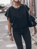 Top T-shirt Femme Décontracté à Col Rond avec Manches Courtes Volantes Unicolore Top Sexy Eté