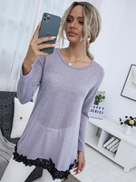 Top T-shirt Femmes à Col Rond avec Manches Longues Cousu avec Dentelles Bas Evasée Bicolores