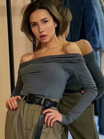 Top T-shirt Femmes Court avec Epaules Nues Coupe Cintrée avec Manches Longues en Cotons Unicolore