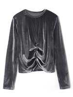 Top T-shirt Femmes Court en Velours Côtelés à Col Rond avec Manches Longues Unicolore