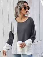 Top T-shirt Femmes Courtes à Col Rond avec Manches Longues Décontractés Bicolores