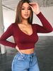 Top T-shirt Femmes Elastique à Col Décolleté en V avec Manches Longues Taille Haute Unicolore Sexy