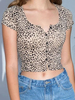 Top T-shirt Femmes Taille Haute Imprimé Animal Léopard à Col Carré avec Manches Courtes Fermeture avec Boutons Bicolores
