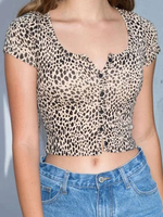Top T-shirt Femmes Taille Haute Imprimé Animal Léopard à Col Carré avec Manches Courtes Fermeture avec Boutons Bicolores