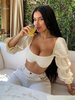 Top Taille Haute Sexy Femme à Col Décolleté Carré avec Manches Longues Amples Unicolore Top Sexy Eté