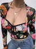 Top Taille Haute Sexy Imprimé Fleurie Femme en Mousseline avec Manches Longues à Col Décolleté en V Top Sexy