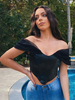 Tops à Cuir Femmes Cousu en Dentelles avec Manches Courtes Volantes avec Epaules Nues Unicolore avec Dos Nu Sexy