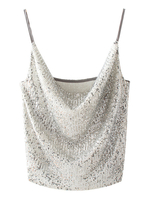 Tops avec Bretelles Sexy Paillettes Courts Femmes à Col Décolleté en U sans Manches Unicolore