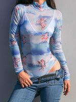 Tops Body Sexy Transparents Imprimés à Col Montant avec Manches Longues Moulants Multicolores Tops Sexy