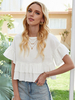 Tops Chemisier Femmes Taille Haute Décontractés à Col Rond avec Manches Courtes avec Volants Unicolore