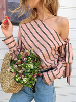 Tops Chemisiers Courtes Imprimés Rayures en Satins Sexy Femmes Décontractés avec Manches Longues Epaule Dénudée à Lacets avec Noeud Bicolores