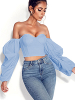 Tops Chemisiers Courts Femmes à Col Décolleté avec Epaules Nues avec Manchesx Longues Amples Unicolore Sexy