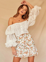 Tops Chemisiers Courts Femmes avec Epaules Nues avec Manches Longues Amples avec Boutons Unicolore