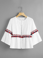 Tops Chemisiers Courts Femmes avec Manches Mi-longues Décontractés avec Col Rond Décors avec Franges Unicolore Sexy