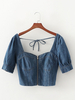 Tops Chemisiers Courts Femmes en Denim à Col Carré avec Manches Courtes à Col Décolleté en V à Zip Unicolore Sexy