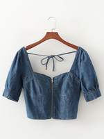 Tops Chemisiers Courts Femmes en Denim à Col Carré avec Manches Courtes à Col Décolleté en V à Zip Unicolore Sexy