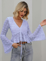 Tops Chemisiers Courts Femmes Imprimés les pois en Mousselines à Col V à Lacets avec Manches Longues Volantes Bas Volants