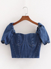 Tops Chemisiers en Denim Femmes Tailles Hautes à Col Carré avec Manches Courtes Amples Moulants Unicolore Sexy