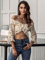 Tops Chemisiers en Dentelles Femme Sexy Taille Haute avec Manches Longues Volantes avec Epaule Dénudées Creusants Florales Unicolore