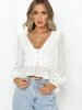 Tops Chemisiers en Mousselines Transparents à Col Décolleté en V avec Manches Longues Amples à Lacets Taille Haute Bas Volants Unicolore