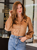 Tops Chemisiers en Satins Imprimés Courtes Femmes à Col Revers avec Manches Longues Amples Fermeture avec Boutons Bicolores