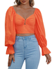 Tops Chemisiers Femmes Courtes à Col V avec Manches Longues Amples avec Volantes Coupe Cintrée Décors avec Boucles Unicolore Sexy
