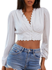 Tops Chemisiers Femmes Courtes à Col V avec Manches Longues Amples Taille Haute avec Boutons Unicolore