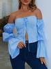Tops Chemisiers Femmes Courtes avec Manches Longues Amples avec Epuales Nues à Col à Lacets Unicolore Sexy