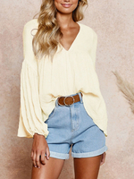 Tops Chemisiers Femmes Courtes Décontractés à Col V avec Manches Longues Amples Bas Evasée Unicolore Sexy