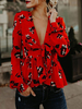 Tops Chemisiers Femmes Courtes Imprimés Florales à Col V à Lacets avec Manches Longues Amples Bas Evasée Cousu Bicolores Sexy
