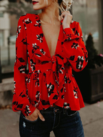 Tops Chemisiers Femmes Courtes Imprimés Florales à Col V à Lacets avec Manches Longues Amples Bas Evasée Cousu Bicolores Sexy