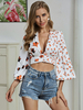 Tops Chemisiers Femmes Courtes Imprimés les Fleurs à Col Décolleté en V avec Manches Longues Volantes Coupe Cintrée Bicolores Sexy