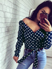 Tops Chemisiers Femmes Courtes Imprimés les Pois à Col Décolleté en V avec Manches Longues avec Epaules Nues Coupe Cintrée à Lacets Bicolores Sexy