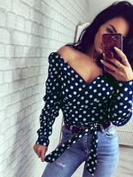 Tops Chemisiers Femmes Courtes Imprimés les Pois à Col Décolleté en V avec Manches Longues avec Epaules Nues Coupe Cintrée à Lacets Bicolores Sexy
