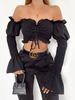 Tops Chemisiers Femmes Courts avec Epaules Nues avec Manches Longues Amples avec Volantes Col à Lacets Elastique Unicolore Sexy